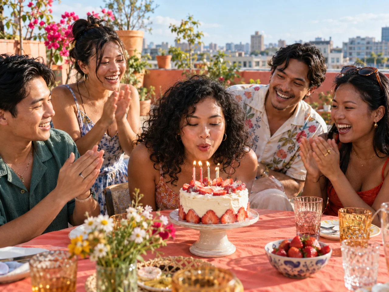 Illustrative birthday: friends celebrating around a strawberry cake on a rooftop.