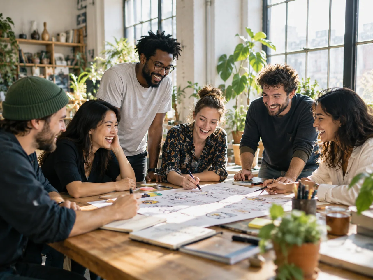 Illustrative team gathering: coworkers sharing ideas around a studio table.