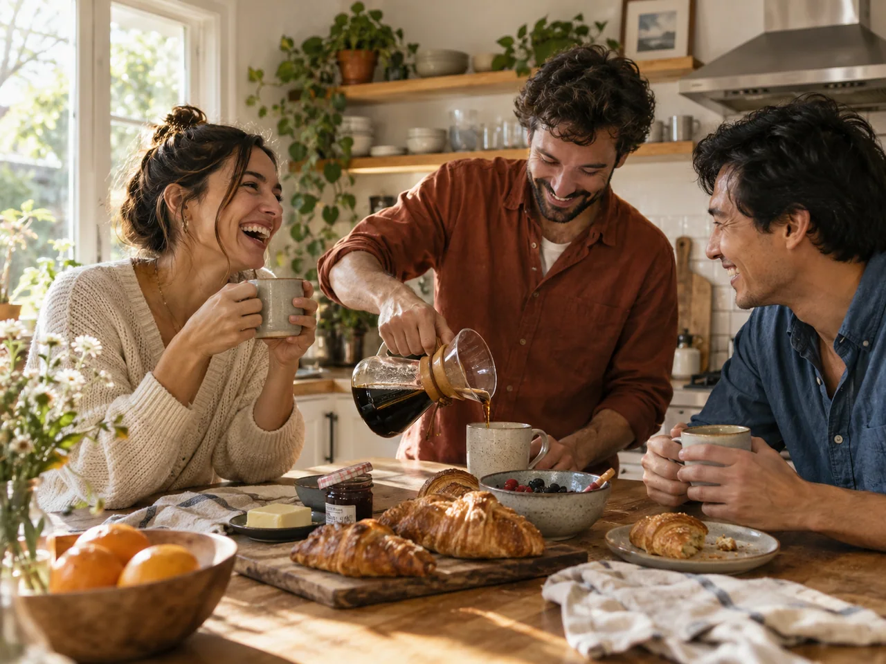 Illustrative gathering: three friends sharing coffee in a sunny kitchen.