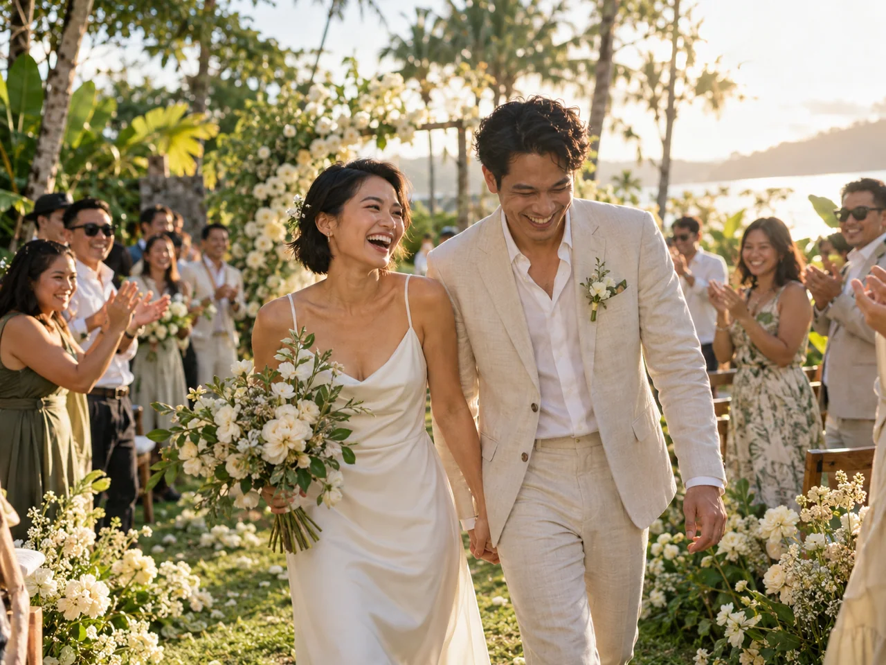 Illustrative wedding: a couple laughing with friends in a sunlit garden.