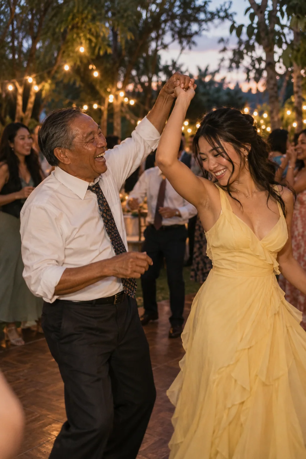 Illustrative guest perspective: a father and daughter laughing on a garden dance floor.