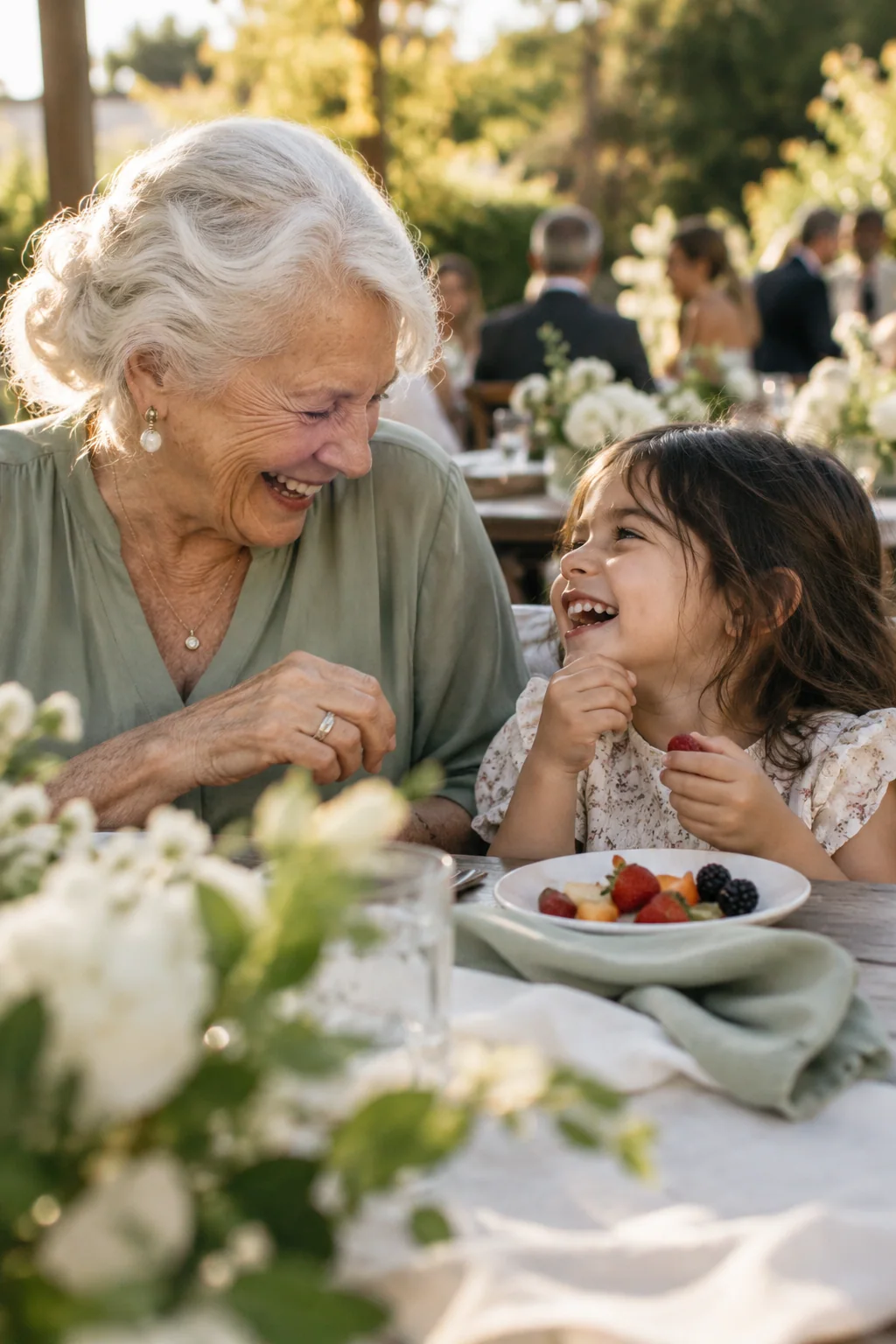 Illustrative guest perspective: a grandmother and child sharing a laugh at the table.