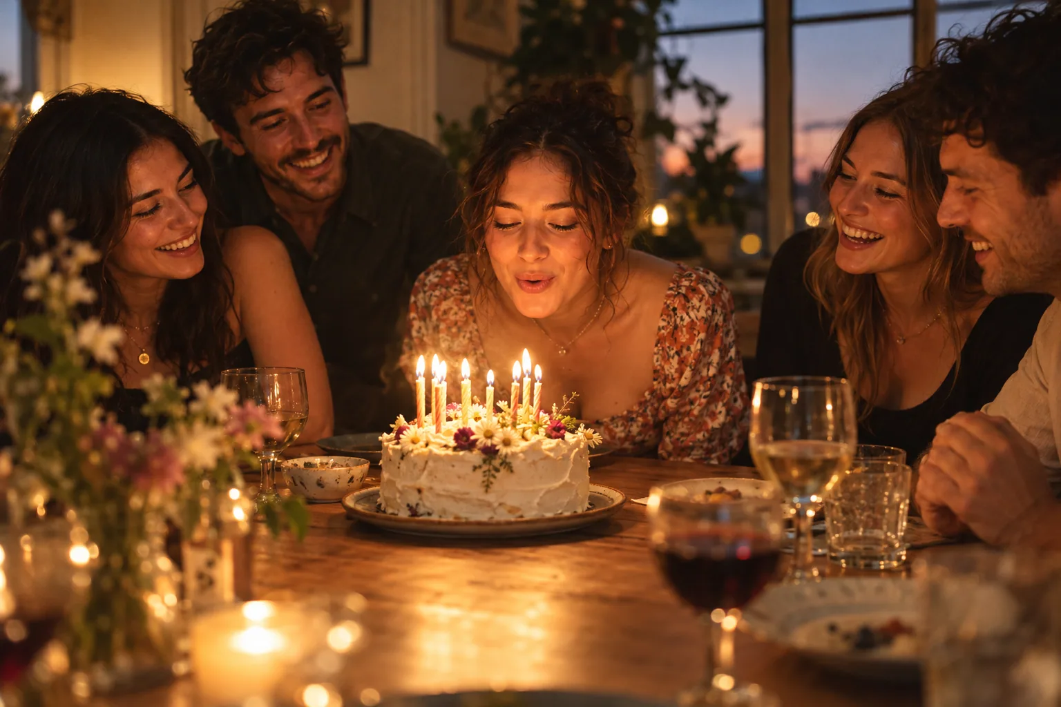 Friends gathered around a candlelit birthday cake at home.