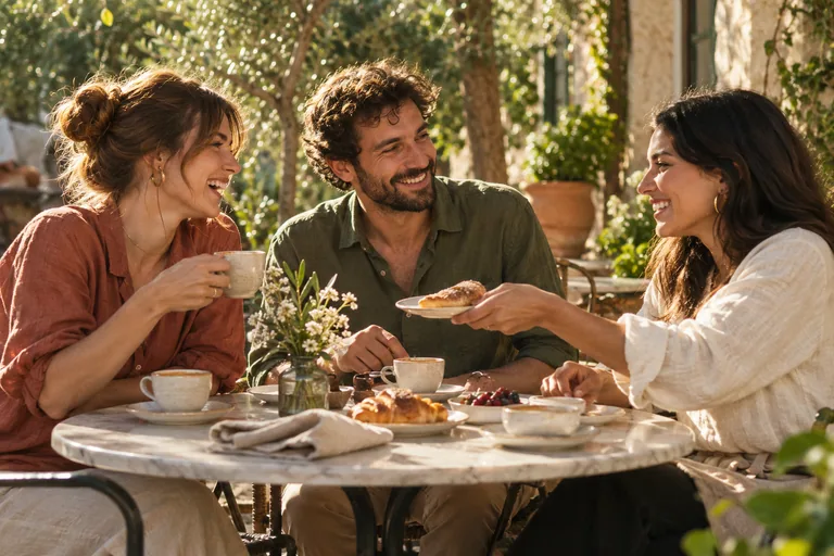Friends sharing coffee on a sunny terrace.