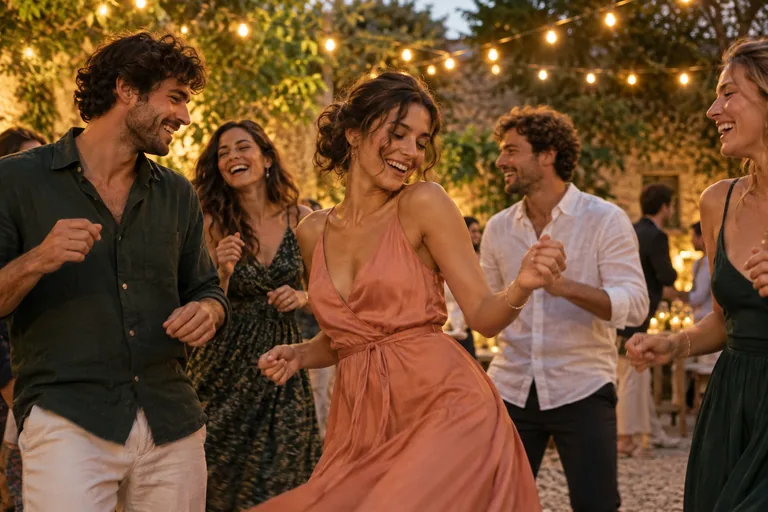 Friends dancing beneath garden lights.