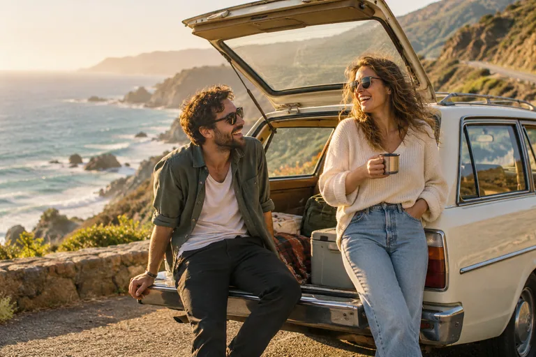 A shared moment on a coastal road trip.