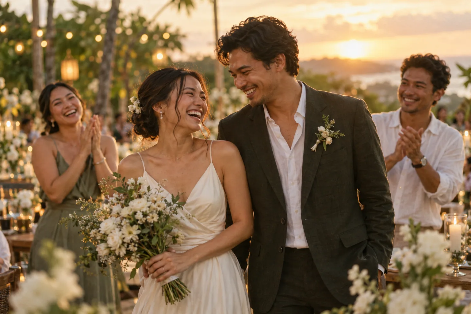 A newly married couple laughing with friends at a sunset garden reception.